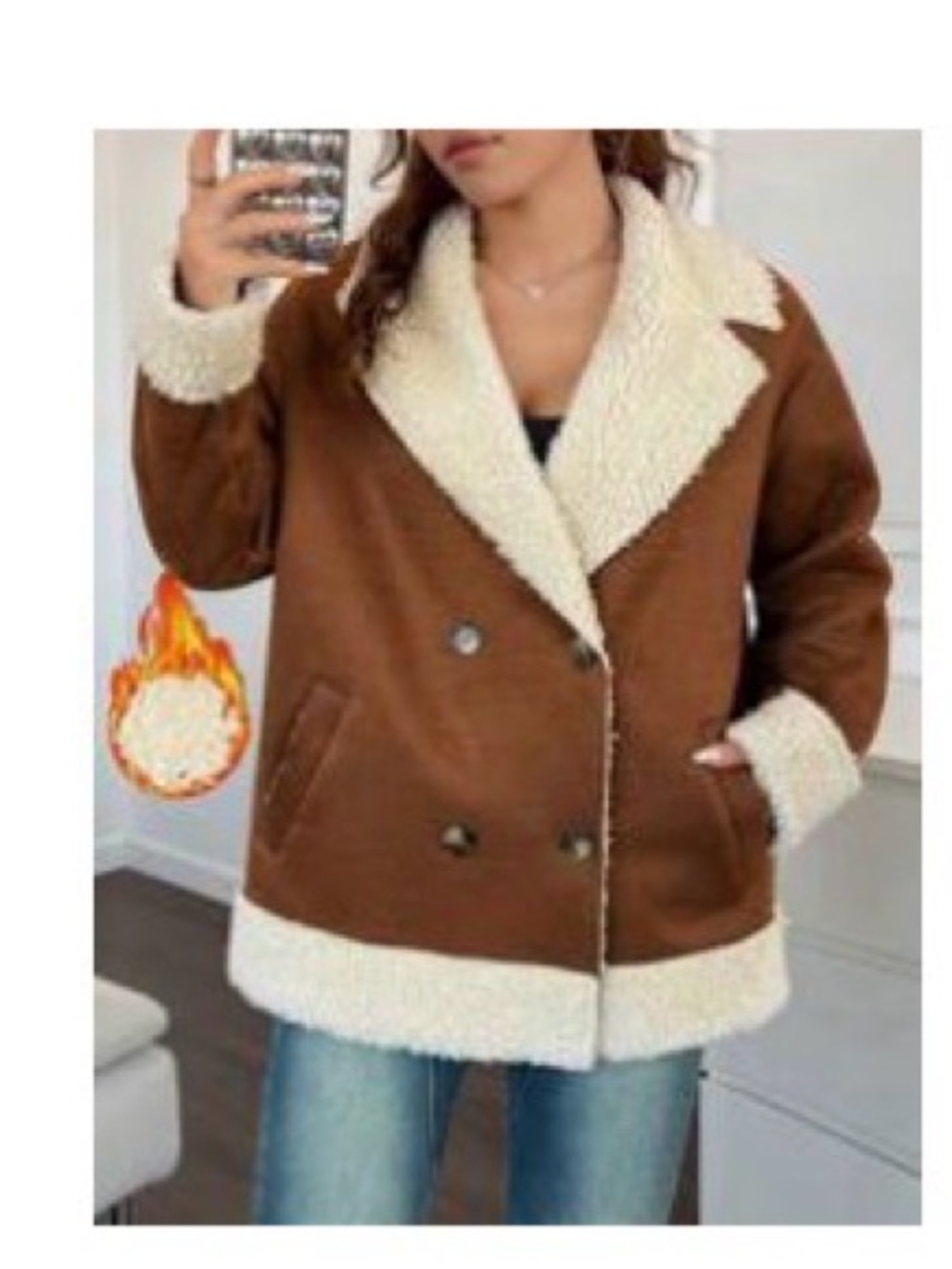 SHEIN Brown Teddy Jacket with Cream Sherpa Trim